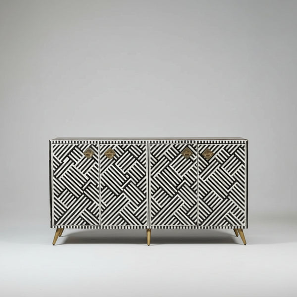 Cabinet with geometric pattern and gold handles on a gray background