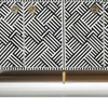 Cabinet with geometric black and white pattern and gold accents