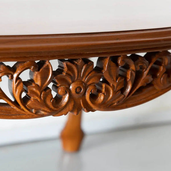 Cookstown Teakwood Round Dining Table with Carved Floral Design