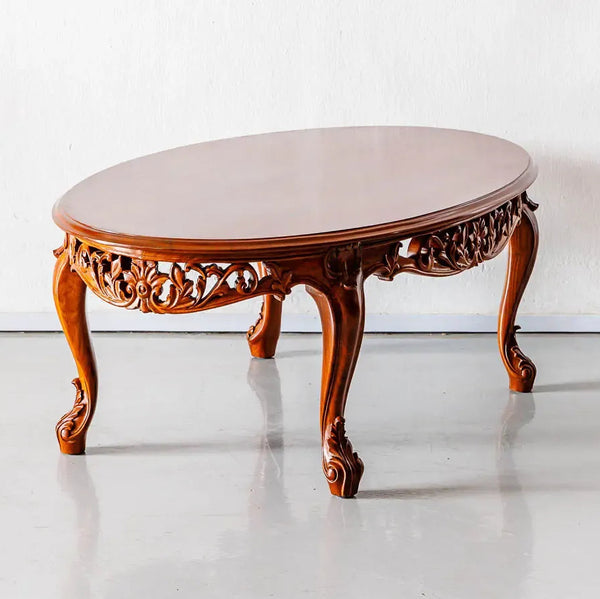 Cookstown Teakwood Round Dining Table with Carved Floral Design