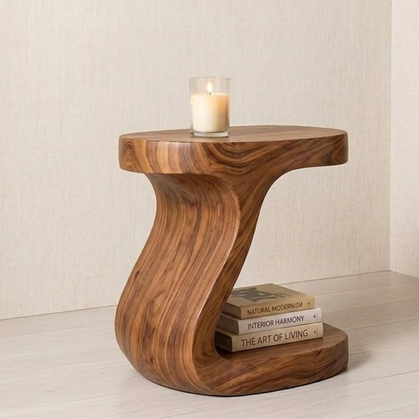 Wooden side table with a candle and books on a neutral background