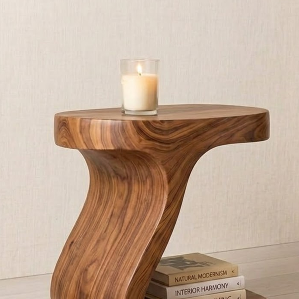 Wooden side table with a candle on a neutral background