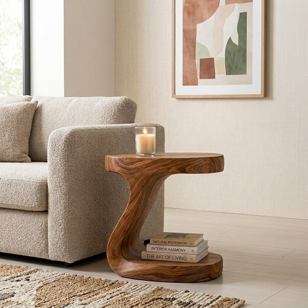Wooden side table with a candle and books next to a beige sofa in a living room.