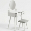 White vanity table with mirror and stool on a white background