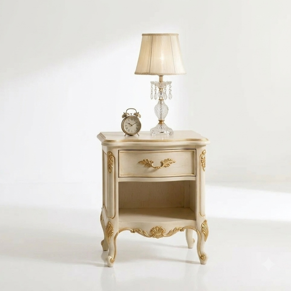 A vintage-style cream and gold bedside table with a single drawer, ornate gold handles and leg carvings, styled with a crystal table lamp and a small alarm clock on a white background.