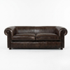 A dark brown leather loveseat sofa with rolled arms and two seat cushions, photographed against a plain white studio background.