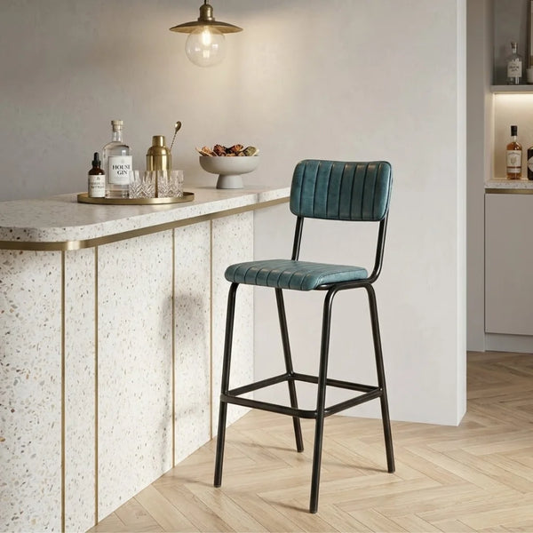 Dijon High Leather & Steel stool with back (Vintage Blue)