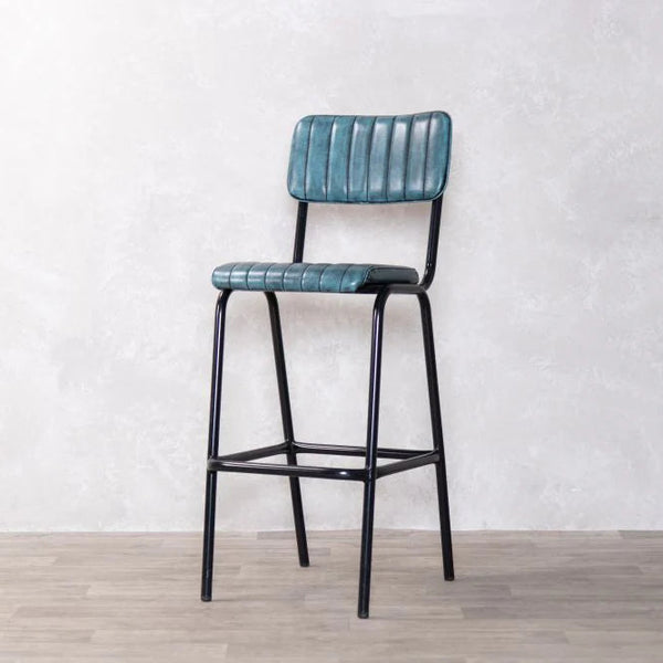 Dijon High Leather & Steel stool with back (Vintage Blue)