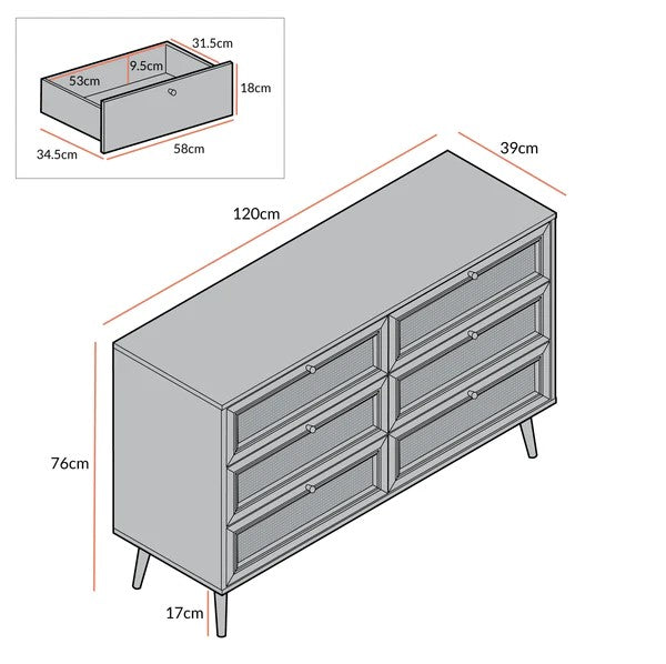 Modern Solid Wood Rattan Natural Finish Chest Of 6 Drawers