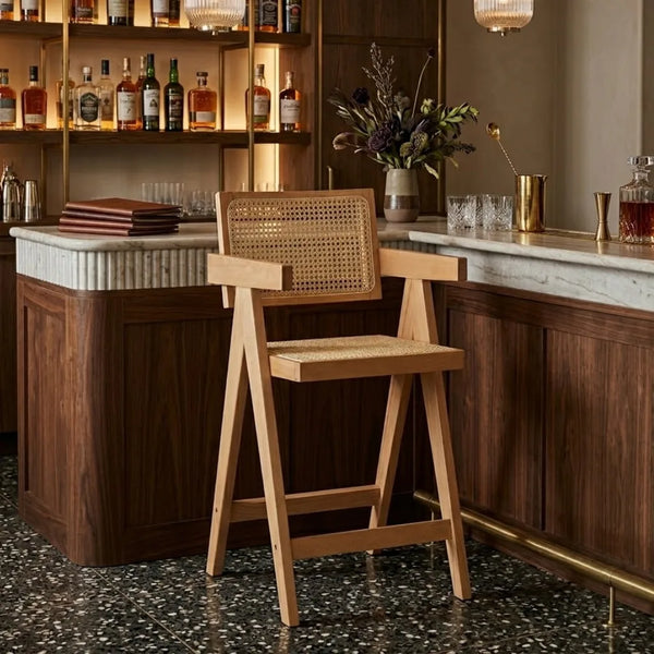 Dunkeld Solid Wood Rattan Counter Stool - Natural Finish