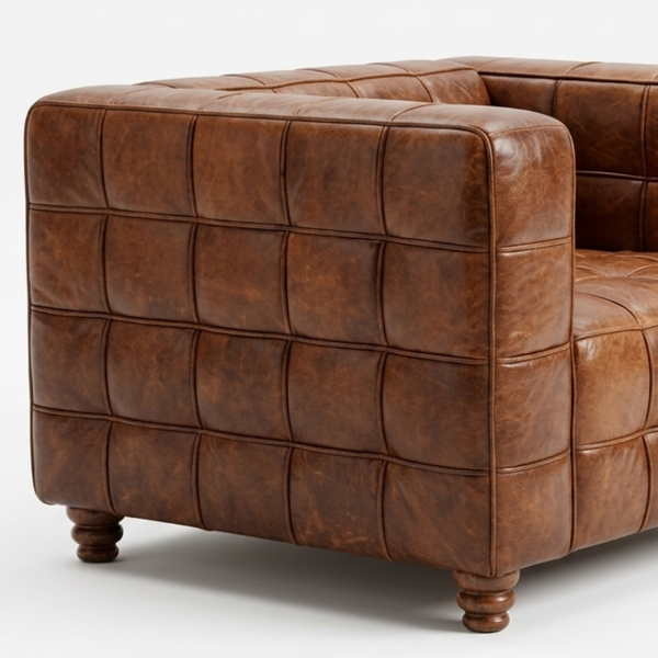 A close-up of a brown leather armchair with a tufted grid pattern and turned wooden legs, shown against a plain white background.