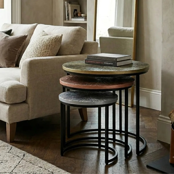 Eriskay Industrial Solid Wood Set of 3 Side Table In Black Finish