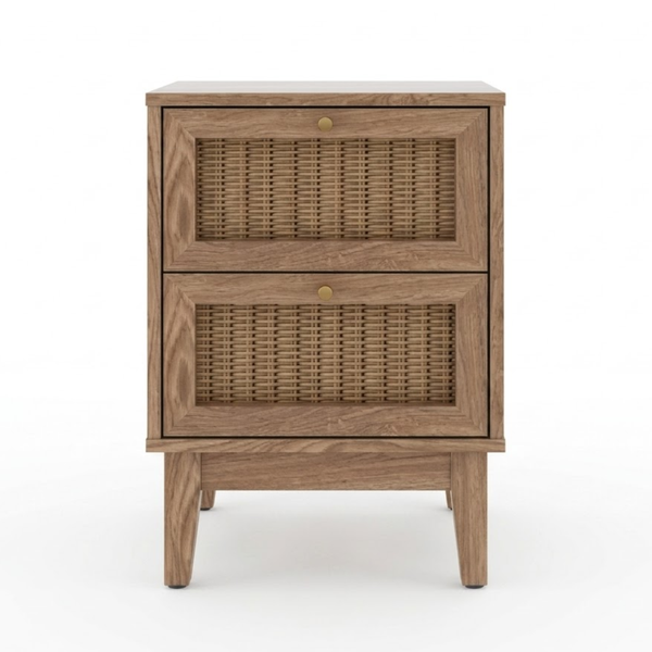A two-drawer wooden nightstand with woven cane panels on the front of each drawer and small round brass knobs, shown against a plain white background.