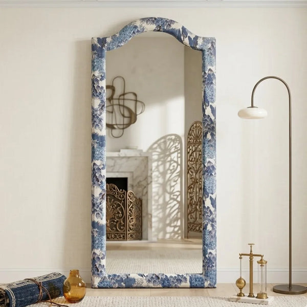 Decorative mirror with blue floral pattern in a room setting , large image