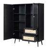 Classic Black Solid Wood Rattan Display Cabinet