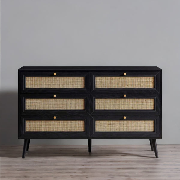 Wood Rattan Black Finish Chest Of 6 Drawers