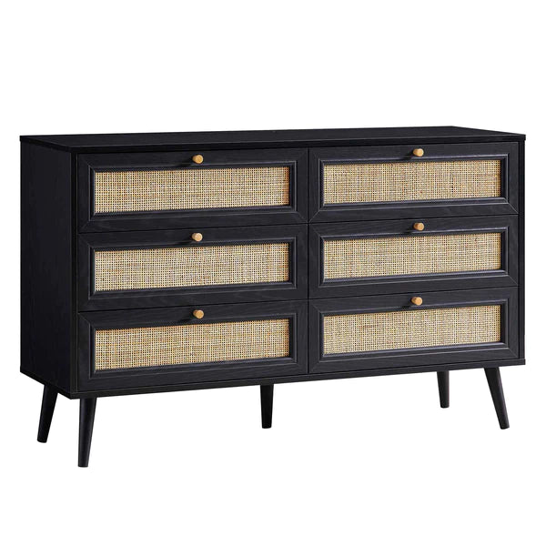 Modern Solid Wood Rattan Black Finish Chest Of 6 Drawers