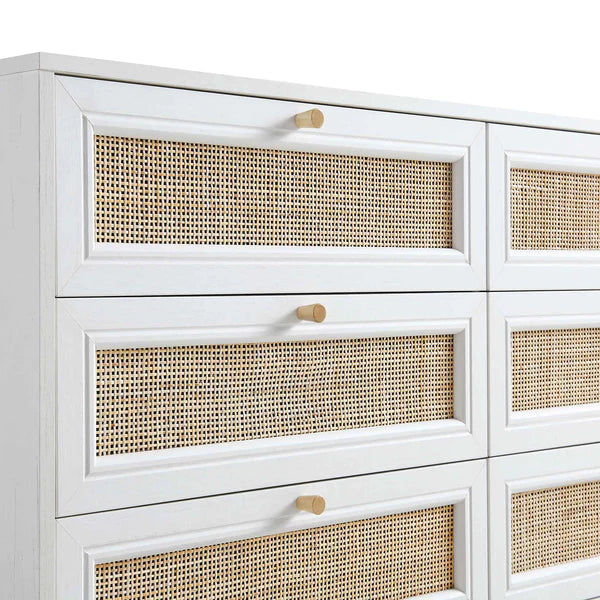 Modern Solid Wood Rattan White Finish Chest Of 6 Drawers
