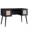 Solid Wood Rattan 2- Door Desk Black Finish