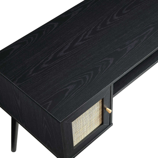 Solid Wood Rattan 2- Door Desk Black Finish