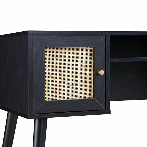 Solid Wood Rattan 2- Door Desk Black Finish