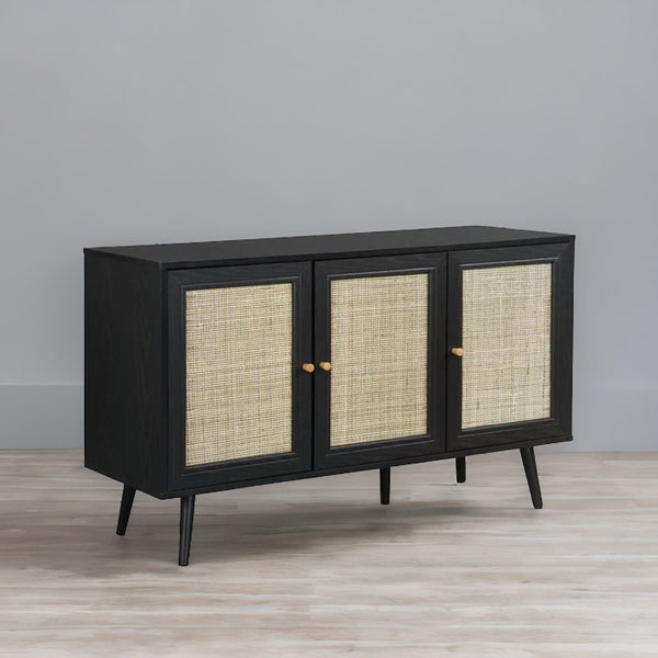 Modern Rattan Solid Wood Black Finish Sideboard with Star Canning