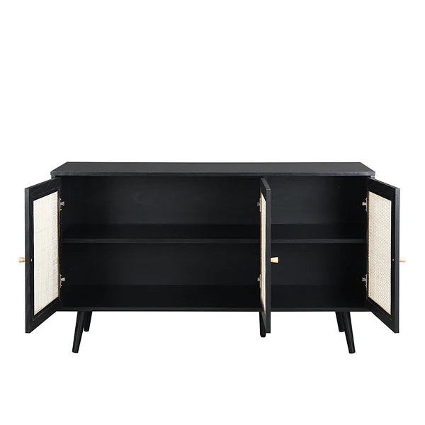 Modern Rattan Solid Wood Black Finish Sideboard with Star Canning