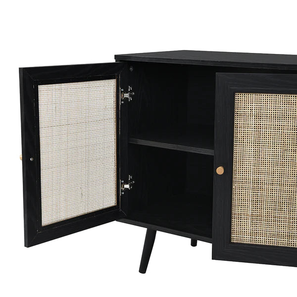Modern Rattan Solid Wood Black Finish Sideboard with Star Canning