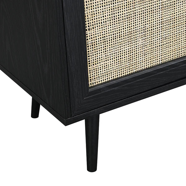 Modern Rattan Solid Wood Black Finish Sideboard with Star Canning
