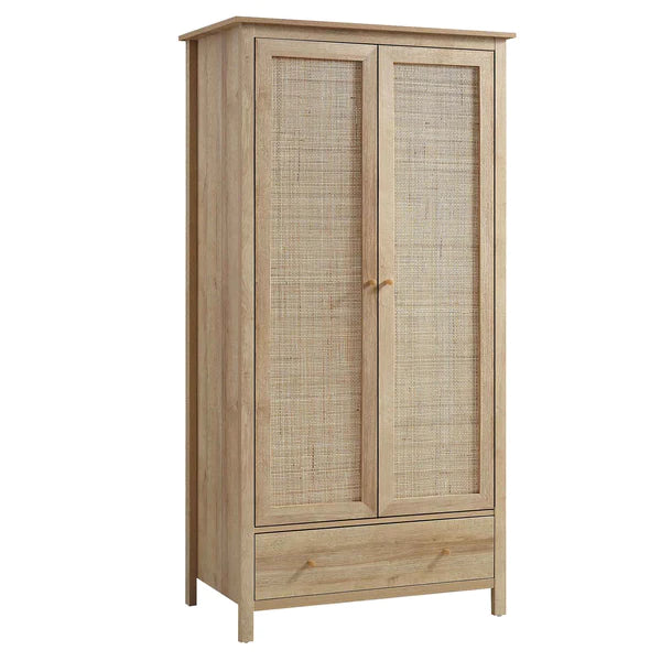 Solid Wood Rattan Natural Finish 2 Door Wardrobe