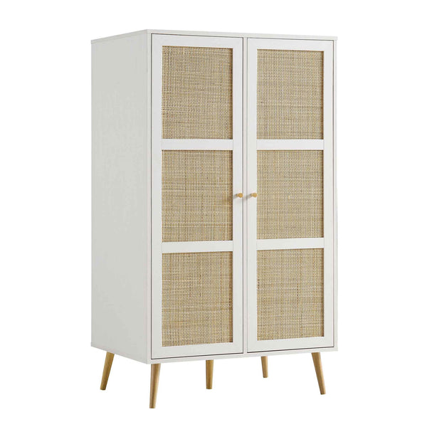 Classic Solid Wood Rattan White Finish Compact 2 Door Wardrobe