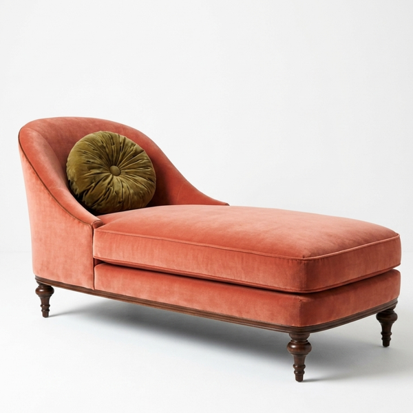 Orange velvet chaise lounge with a green pillow on a white background