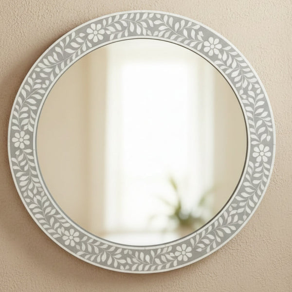 Round Floral Grey Vanity Bone inlay Wall Mirror