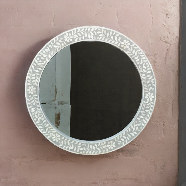 Round Floral Grey Vanity Bone inlay Wall Mirror
