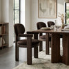 A dining room scene featuring a dark wood dining table and four upholstered armchairs in a warm brown fabric, set on a patterned area rug in a modern interior.
