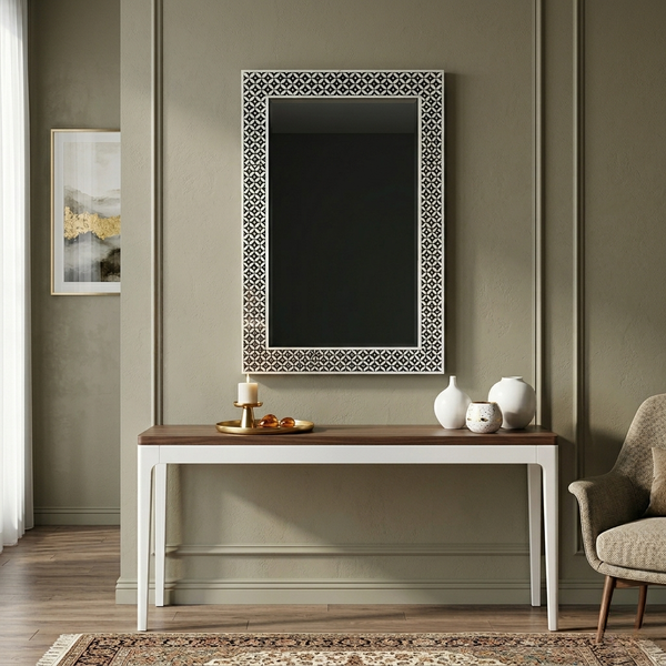 Bone Inlay Rectangular Geometric Black White Wall Mirror Frame