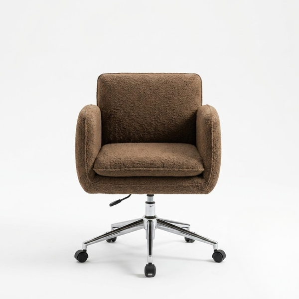 A mid-century modern armchair with textured brown bouclé upholstery and a chrome five-star swivel base with casters, shown against a plain white studio background.