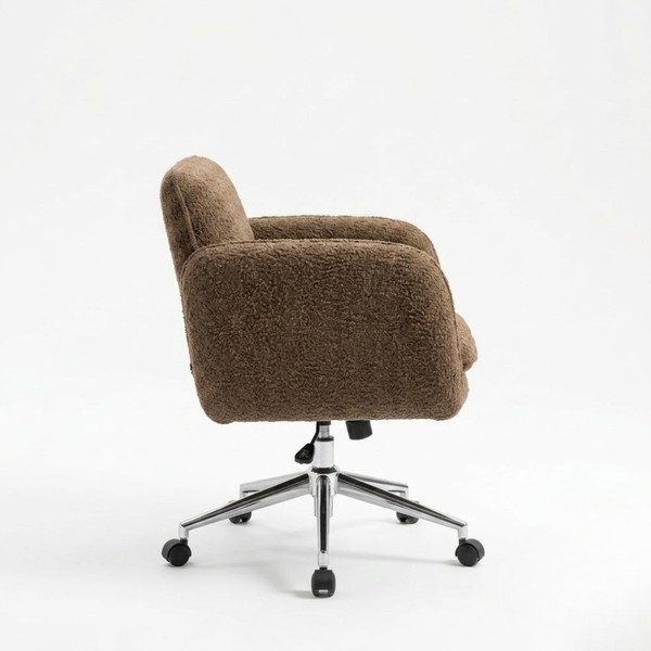 A mid-century modern office chair with a textured brown bouclé upholstered seat and back, supported by a chrome five-star base with black casters, shown from a three-quarter angle against a white studio background.