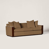 A modern three-seater sofa with tan upholstery and dark brown wooden armrests, shown against a plain light beige background.