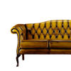 A classic Chesterfield-style sofa upholstered in mustard-yellow tufted leather with dark brown wooden legs, shown against a plain white background.