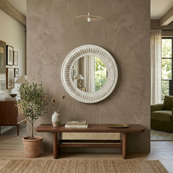 Hand Carved Round Mirror Frame - White Finish