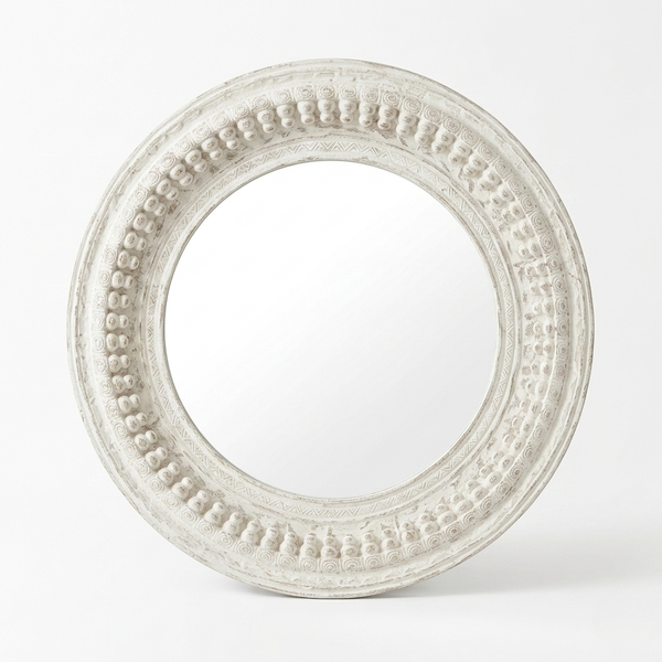 Hand Carved Round Mirror Frame - White Finish