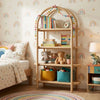 Children's room with a wooden bookshelf, toys, and colorful decor.