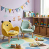 Children's playroom with colorful chairs, toys, and books on a patterned rug.