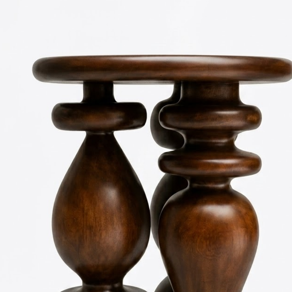 A close-up of a dark brown wooden stool or side table with a round top and turned pedestal-style legs on a light gray background.