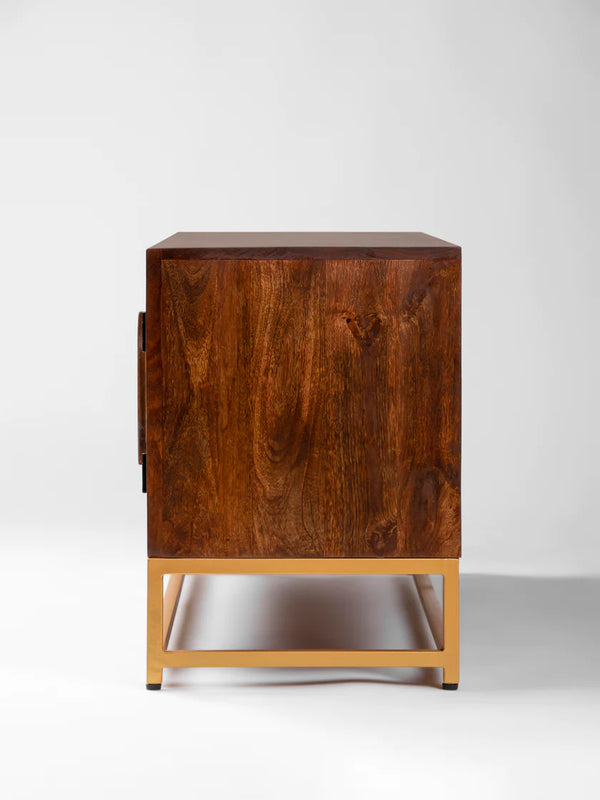 Modern Rattan Mango Solid Wood Brown Finish Iron Base Tv Unit