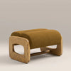 Brown upholstered stool with wooden frame on a neutral background