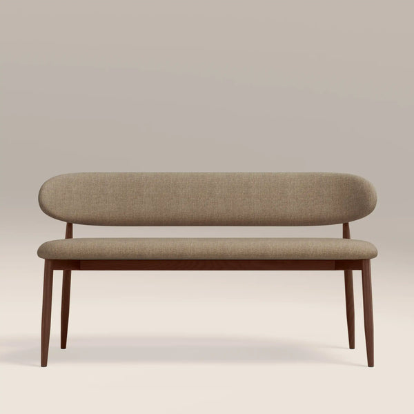Beige bench with wooden legs on a plain background