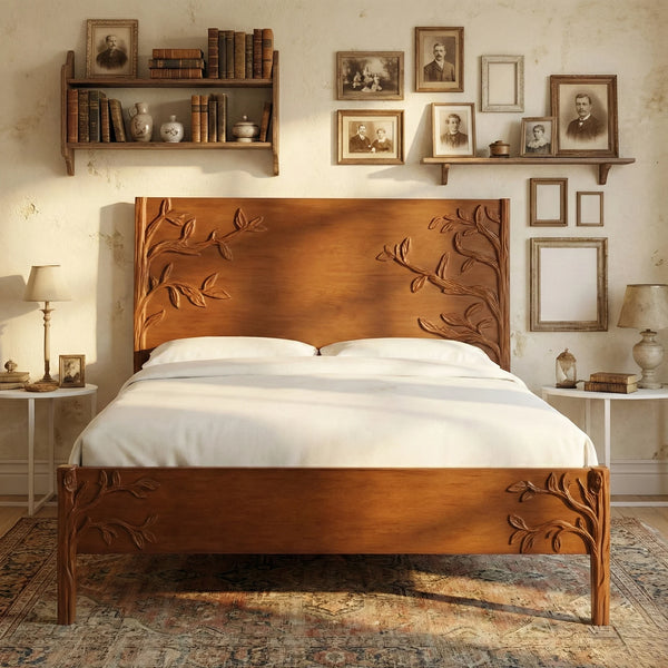 Kent Hand Carved Bed In Walnut Finish-King Size