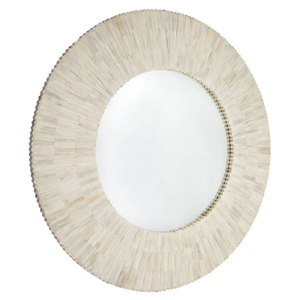 Round mirror with a beige, raffia-like frame on a white background